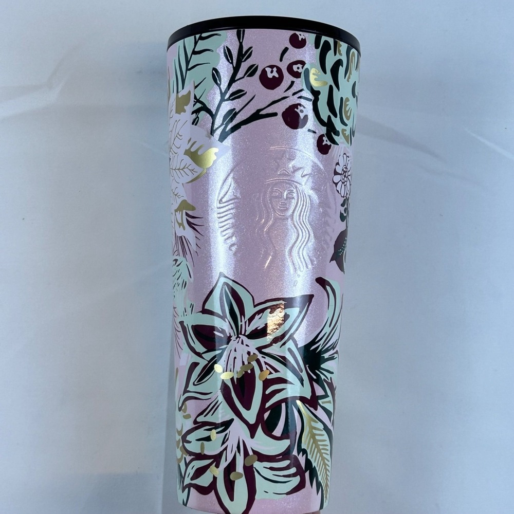 Starbucks 2022 Holiday Pink Enchanted Forest Floral Tumbler 24oz‎ Rare! SB-3